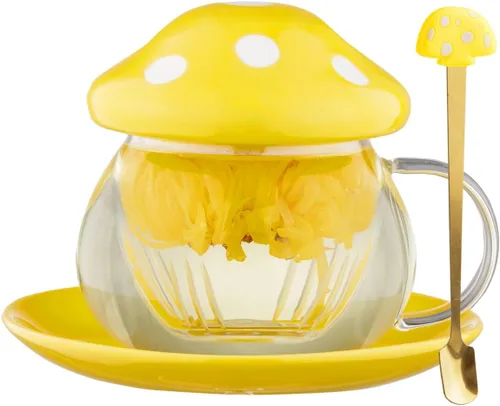 Vista 7 de Juego de Tazas de Té de Hongos, Lindas Tazas de Té de Vidrio y Platillos, Taza de Té Kawaii con Infusor para Colador de Té de Hojas Sueltas, Taza
