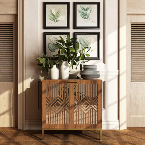Vista 3 de COZAYH Armario decorativo de 2 puertas, aparador de madera con espejo geométrico moderno frontal, armario independiente para el hogar y la cocina