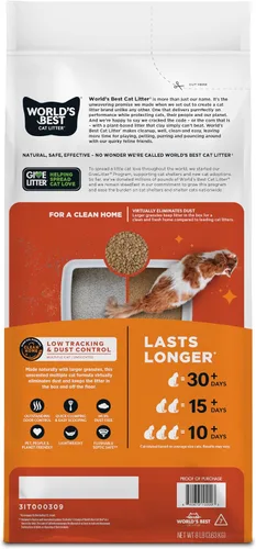 Vista 2 de WORLD'S BEST - Arena para gatos de mejor calidad en el mundo, bajo rastro y control de polvo, para varios gatos, sin perfume, 8 libras