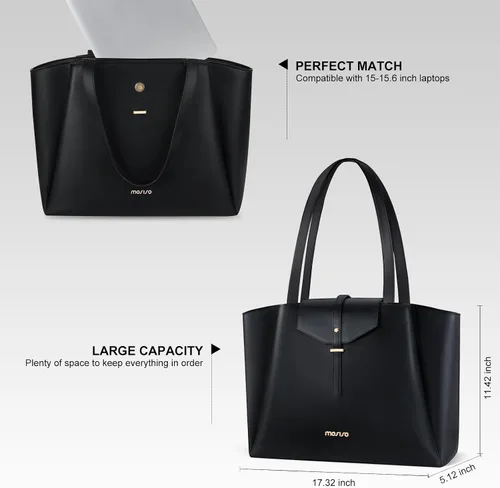 Vista 3 de MOSISO Bolsa de mano para laptop para mujer, 15.6 pulgadas, piel sintética, bolsa de trabajo para laptop con hebilla de solapa y bolso de mano, Negro