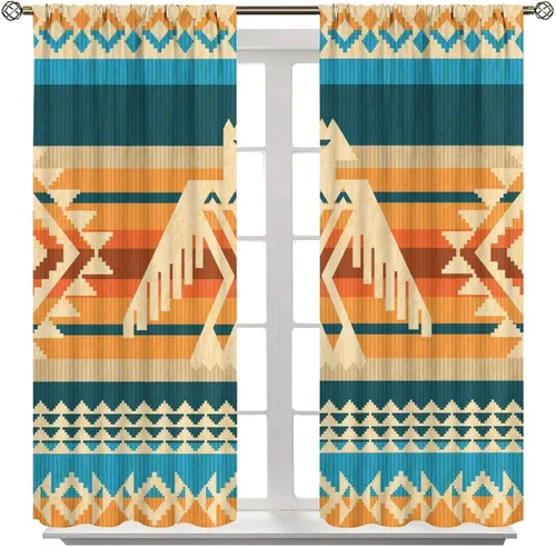 Vista 251 de Cortinas con patrón geométrico tribal, estilo suroeste, azteca, rústico, occidental, nativo americano, opacas, con bolsillo para barra, decoración