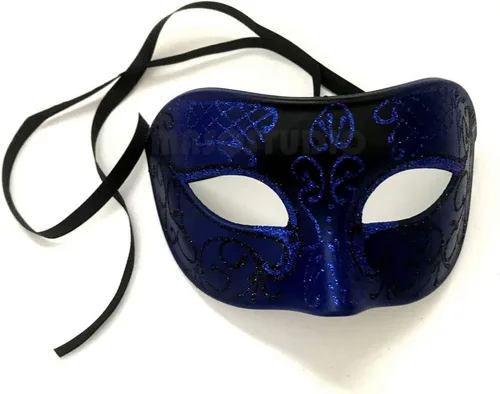 Vista 2 de Par de máscaras azules de malla de plumas para parejas, disfraz de fiesta de carnaval (máscara masculina solamente)