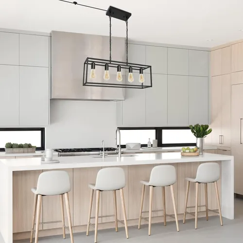 Vista 6 de Lámpara de isla de cocina con enchufe de granja, industrial moderna lámpara lineal de 5 luces con cable de 17.5 pies, lámparas rectangulares
