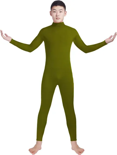 Vista 2 de Shinningstar Zentai Unitard - Body de manga larga con cuello alto y elastano para hombre Verde militar