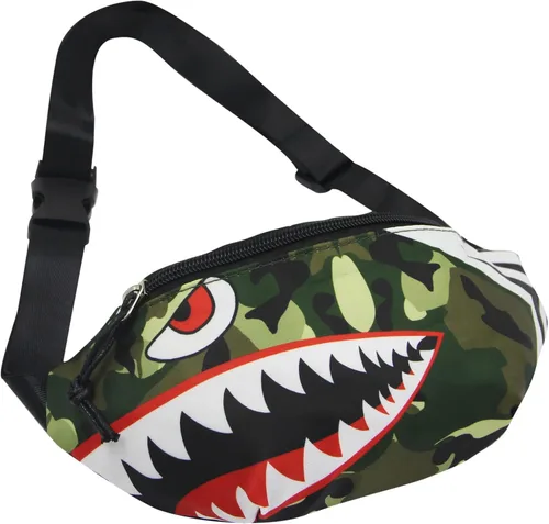 Vista 3 de Riñonera pequeña para niños y niñas, con diseño de tiburón de dibujos animados, para deportes, correr, bolsa de cintura, Camuflaje
