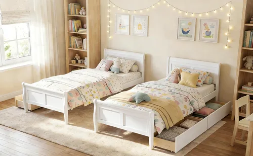 Vista 11 de KOMFOTT 2 camas individuales con 2 cajones, cama de almacenamiento individual con cabecero para dormitorio, marco de cama de madera de trineo