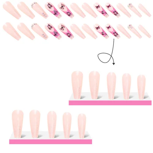 Vista 4 de 24 uñas acrílicas a presión, uñas postizas largas con diseños de mariposa rosa, diamantes de imitación, polvo de purpurina, punta francesa