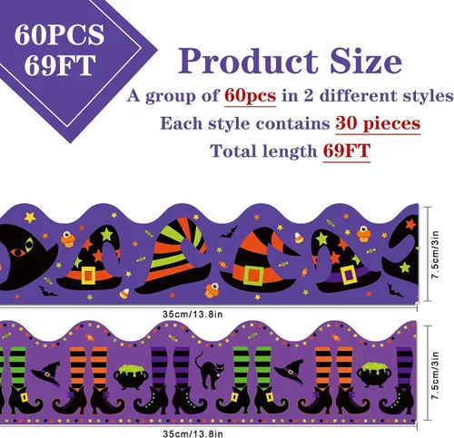 Vista 2 de Whaline 69 pies Hocus Pocus Witch - Bordes de tablón de anuncios de Halloween, 60 unidades, calcomanías autoadhesivas para sombrero de bruja, patas