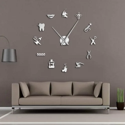 Vista 9 de The Geeky Days Reloj de pared gigante con signo de dentista con efecto espejo, reloj dental, arte de pared, decoración del hogar, reloj grande sin