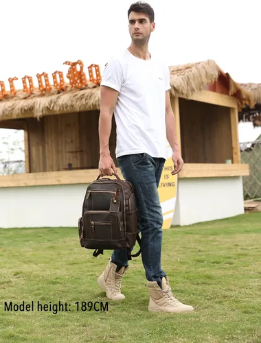 Vista 8 de Lannsyne Mochila vintage de cuero de grano completo para hombre de 15.6 pulgadas, mochila para laptop de camping y viajes, mochila de 24 L, Marrón