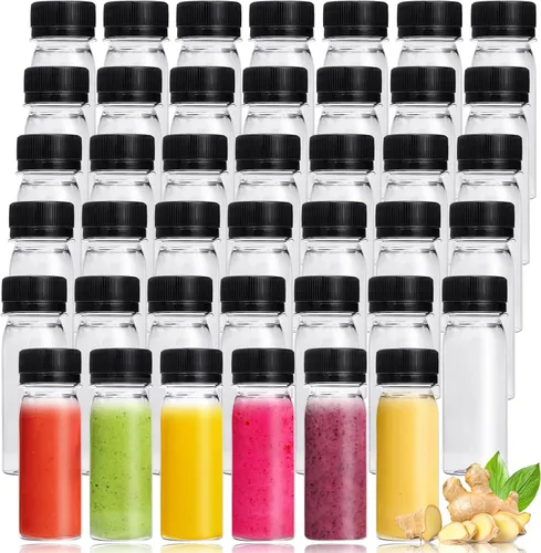 Vista 9 de Xuyyicao 30 Piezas Botellas Pequeñas de Plástico de 2 Oz para Líquidos, Botella para Shot de Jengibre con Tapas, Recipientes de Bebidas Negro