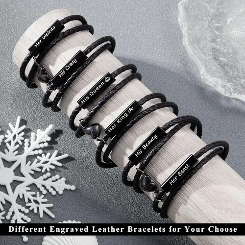 Vista 6 de Pulseras de pareja para mujeres, regalos para hombres, regalos de aniversario de nacimiento para novio, novia, joyería de Navidad de cuero grabada a