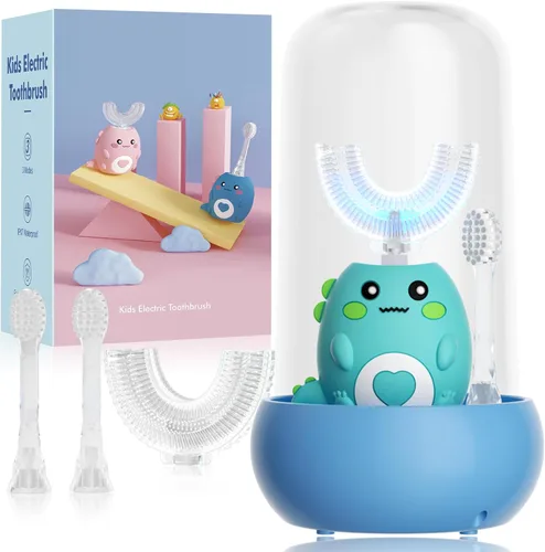 Vista 11 de Cepillo de dientes eléctrico en forma de U para niños, con 3 modos de limpieza, con 4 cabezales de cepillo, cepillo de dientes automático sónico