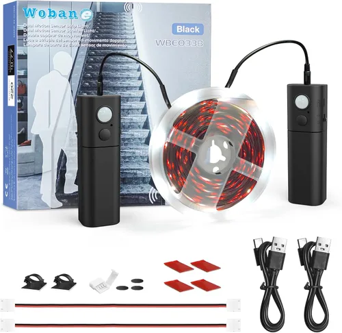 Vista 13 de WOBANE Tira de luz recargable con sensor de movimiento, luces LED para armario, escalera, despensa, armario, cama, casillero, 2700 K, blanco cálido