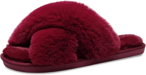 Vista 6 de JIASUQI - Pantuflas cruzadas mullidas y peludas con punta abierta para mujer, con acolchado de espuma viscoelástica