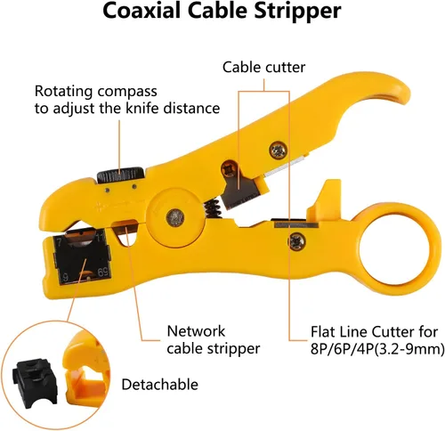 Vista 6 de Herramienta de compresión coaxial Kit de crimpadora de cable coaxial ajustable RG6 RG59 RG11 75-5 75-7 Pelacables coaxiales con 20 conectores