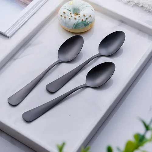 Vista 5 de Cuchara de postre negra mate, juego de cuchara de café y te con acabado satinado de acero inoxidable GoGeiLi de 6.8 pulgadas, servicio para 6, apta