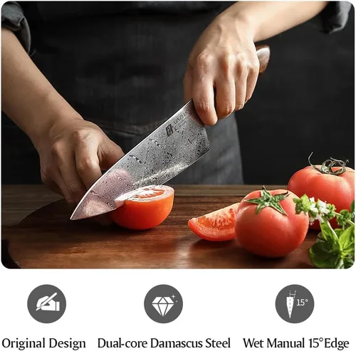Vista 9 de XINZUO Cuchillo de chef de acero de Damasco de 8.3 pulgadas, 110 capas, cuchillo de cocina profesional forjado a mano, espiga completa, cuchillo