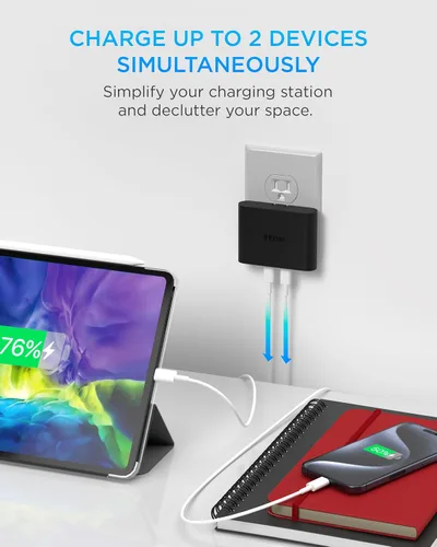 Vista 2 de iHome Cargador USB-C multipuerto de 40 W, bloque plano de 2 puertos AC Pro, adaptador de pared de carga rápida dual Foldable Prongs, Fast