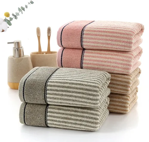 Vista 3 de Pidada Juego de 2 toallas de mano 100% algodón con patrón de rayas absorbentes suaves toallas decorativas para baño (marrón)