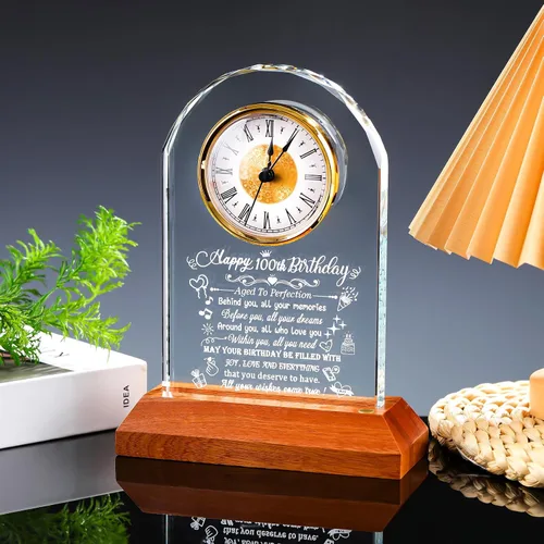 Vista 6 de Arikyrist Regalos de cumpleaños número 100 para mujeres, hombres y amigos, reloj de cumpleaños de cristal con base de luz Glass 100th Birthday