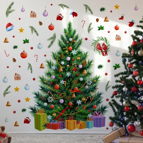 Vista 17 de 59x47 Pulgadas Adhesivos de Árbol de Navidad Azul Grande para Pared, Extraíbles DIY, Adhesivos de Árbol de Navidad Acuarela Gigantes para Baño