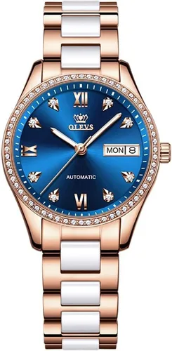 Vista 8 de OLEVS Relojes para mujer, pulsera de cerámica mecánica de cuerda automática, regalo del día del corazón Azul