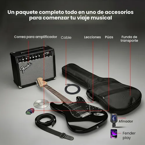 Vista 2 de Fender Squier Affinity Stratocaster HSS - Paquete Charcoal Frost Metallic con amplificador Frontman 10G, cable, funda, correa, púas, lecciones