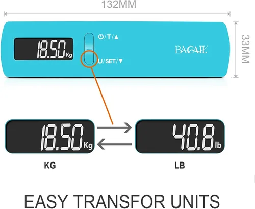 Vista 4 de BAGAIL BASICS Báscula digital de equipaje, báscula de equipaje colgante de 110 libras con pantalla LCD retroiluminada, báscula de pesaje portátil
