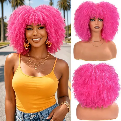 Vista 47 de Vitorish Peluca corta afro rizada con flequillo para mujeres negras, peluca sintética resistente al calor, color negro natural, para uso diario