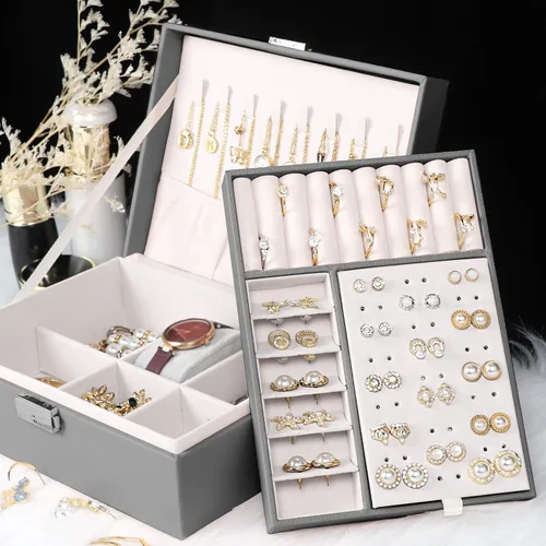 Vista 6 de Joyero para mujeres y niñas, contenedor organizador de joyas de 2 capas con cerradura, estuche de almacenamiento de piel sintética con bandeja