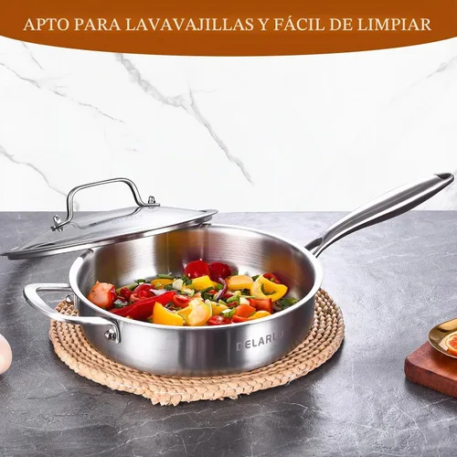 Vista 4 de DELARLO Sartén de Acero Inoxidable de Tres Capas de 3QT con Tapa, Sartén Profunda de 12 Pulgadas, Sartén Grande de Inducción, Sartén de Cocina, Apto