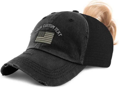 Vista 13 de Gorra de béisbol de cola de caballo personalizada Bandera estadounidense Solo diseño negro.