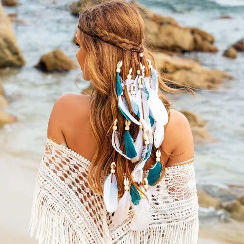 Vista 3 de Diadema de plumas bohemias, disfraz de gitano indio, tocados de concha azul, tocados hechos a mano, accesorios para el cabello de plumas