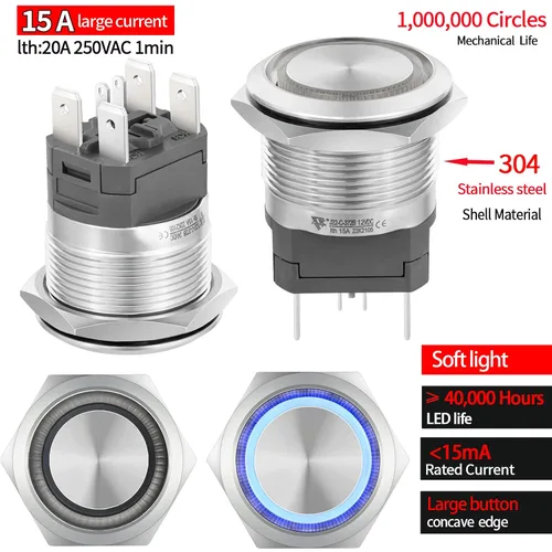 Vista 3 de Interruptor de botón de cierre de 15 amperios, 22 mm, 12 V CC, DPST, luz LED ojo de ángel, acero inoxidable 304, impermeable IP67 con enchufe