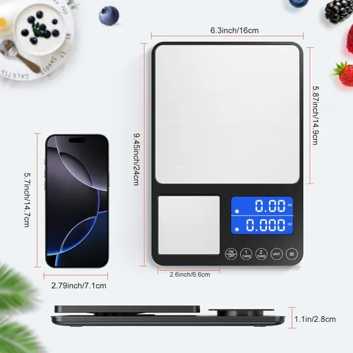 Vista 9 de Báscula de cocina de doble plataforma de 0.001 onzas / 33 libras, báscula digital de alimentos con dos superficies de precisión, pantalla LCD, 7
