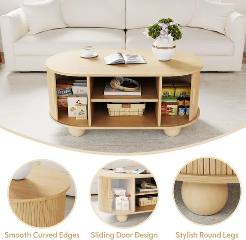 Vista 6 de Mesa auxiliar rectangular, mesas de centro acanaladas para sala de estar, mesa de centro de mediados de siglo con almacenamiento y puertas Natural
