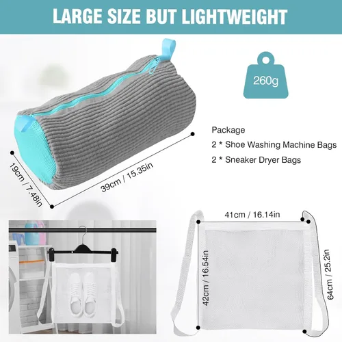 Vista 2 de Bolsa para lavadora de zapatos, bolsa de lavandería para lavadora y secadora, incluye bolsa de red seca, cremallera reutilizable y duradera con Gris