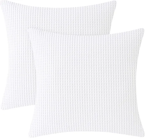 Vista 8 de PHF Funda de almohada 100% algodón con tejido de gofre, 20 x 20 pulgadas, sin relleno, paquete de 2 elegantes fundas de almohada cuadradas Blanco