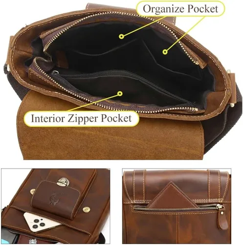 Vista 4 de LUKZIJAES Bolso de hombro de cuero para hombre, bandolera cruzada para trabajo, vintage, ajustable, para viajes, negocios, hombres