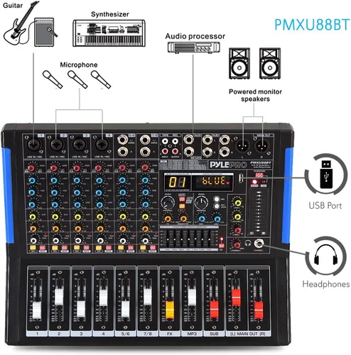 Vista 2 de Pyle Mezclador de audio estilo consola de 8 canales con Bluetooth - Controlador de sonido DJ, 4 entradas XLR / combinado, salida sub, +48V Phantom
