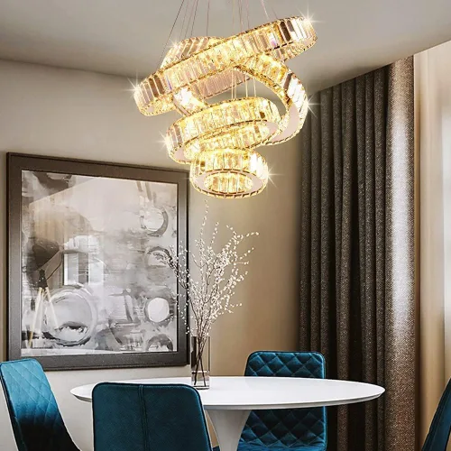 Vista 2 de Candelabro LED de 4 anillos para comedor, moderna lámpara de cristal colgante, lámparas de techo alto para dormitorio, sala de estar, comedor