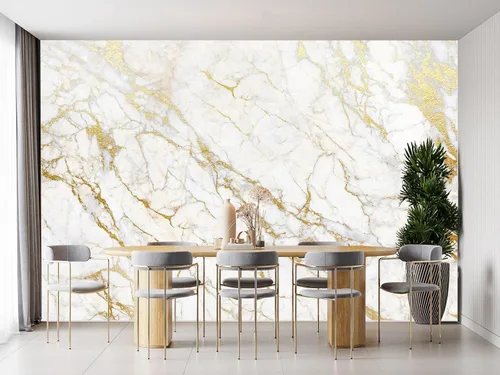 Vista 2 de Mural de pared de mármol dorado para dormitorio, 173 x 120 pulgadas (ancho x alto)