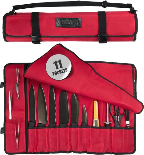 Vista 9 de Asaya - Bolsa enrollable de lona para cuchillos de chef - 10 ranuras para cuchillos y un gran bolsillo con cremallera - Funda duradera de lona