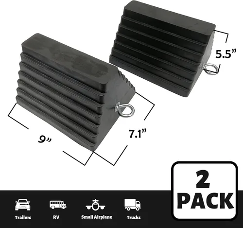 Vista 2 de ROBLOCK Juego de 2 cuñas de rueda de goma resistentes negras con cáncamo, 9" de largo x 7.1" de ancho x 5.5" de alto, para coches, autocaravanas 2