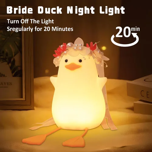 Vista 4 de Benson Luz Nocturna de Pato Novia - Lámpara de Pato Linda con Tocado de Flores, Luz Cálida Regulable y Temporizador para Habitación, Cumpleaños