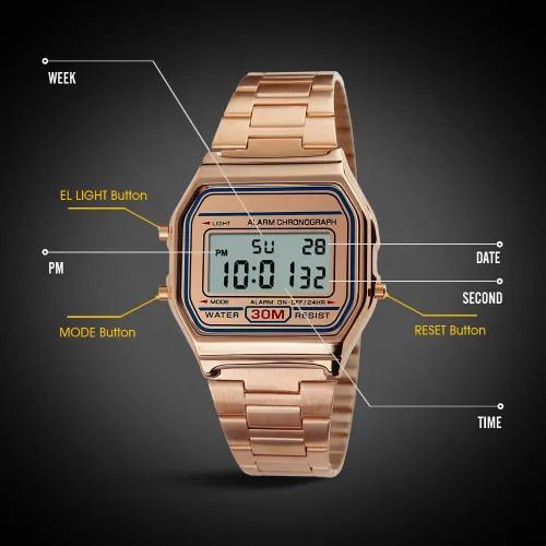 Vista 7 de VIGOROSO Reloj casual digital de acero inoxidable dorado retro vintage para hombre, cronómetro