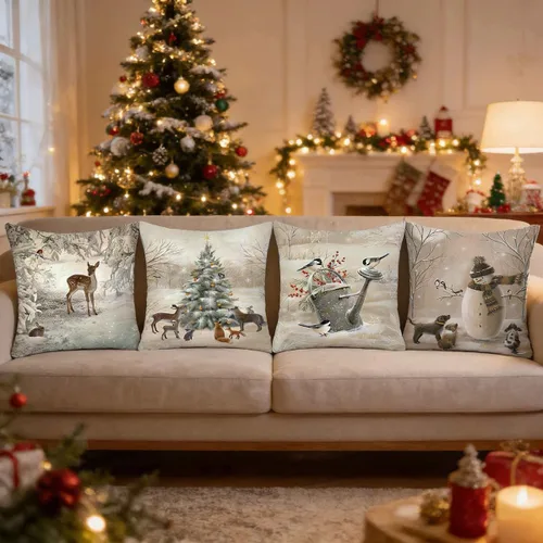 Vista 9 de Funda de Almohada Decorativa de Animales Navideños - 18 x 18 Pulgadas Funda de Almohada de Mascota Muñeco de Nieve Jarrón Ciervo Perro Conejo Pájaro