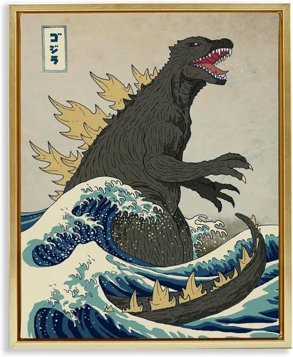 Vista 13 de Stupell Industries Godzilla in the Waves Eastern Poster Style Ilustración, diseño de Michael Buxton, marco blanco, 11 x 14 pulgadas Stupell
