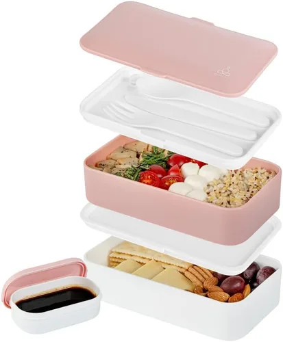 Vista 24 de Restaurantware -Bento Tek - Lonchera apilable de 40.5 onzas, 1 contenedor reutilizable para adultos – con utensilios, taza de salsa incluida, caja